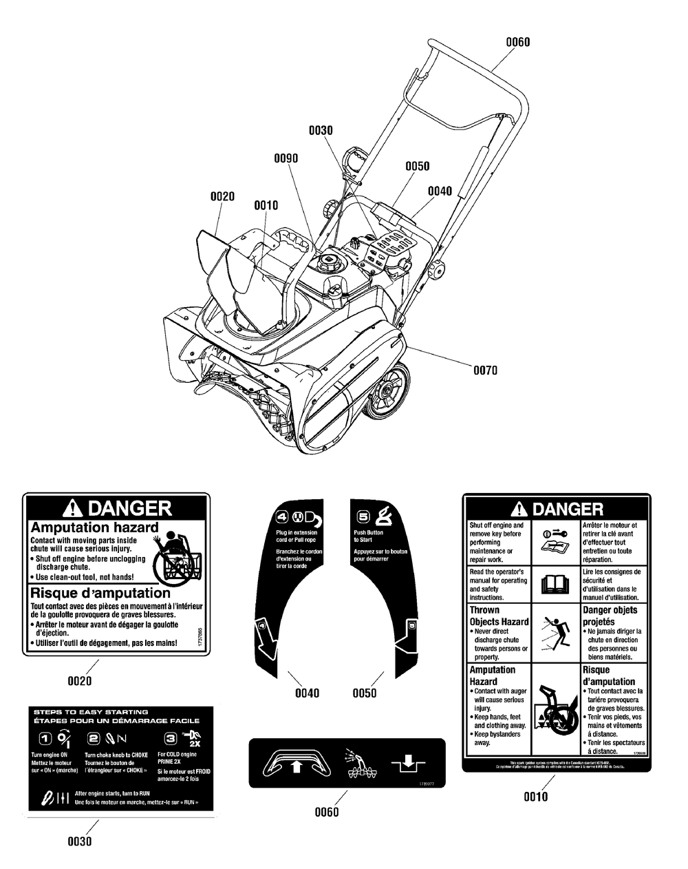 Decals Group Diagram and Parts List for 1696289-00 2012 Briggs and Stratton Snow Blower